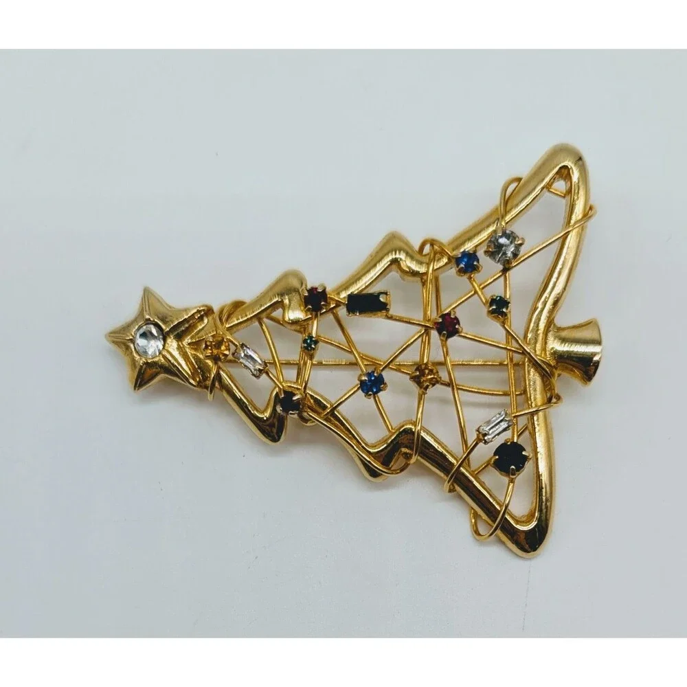 Gold Tone Christmas Tree Multicolor Rhinestone Twisted Wire Brooch Pin
